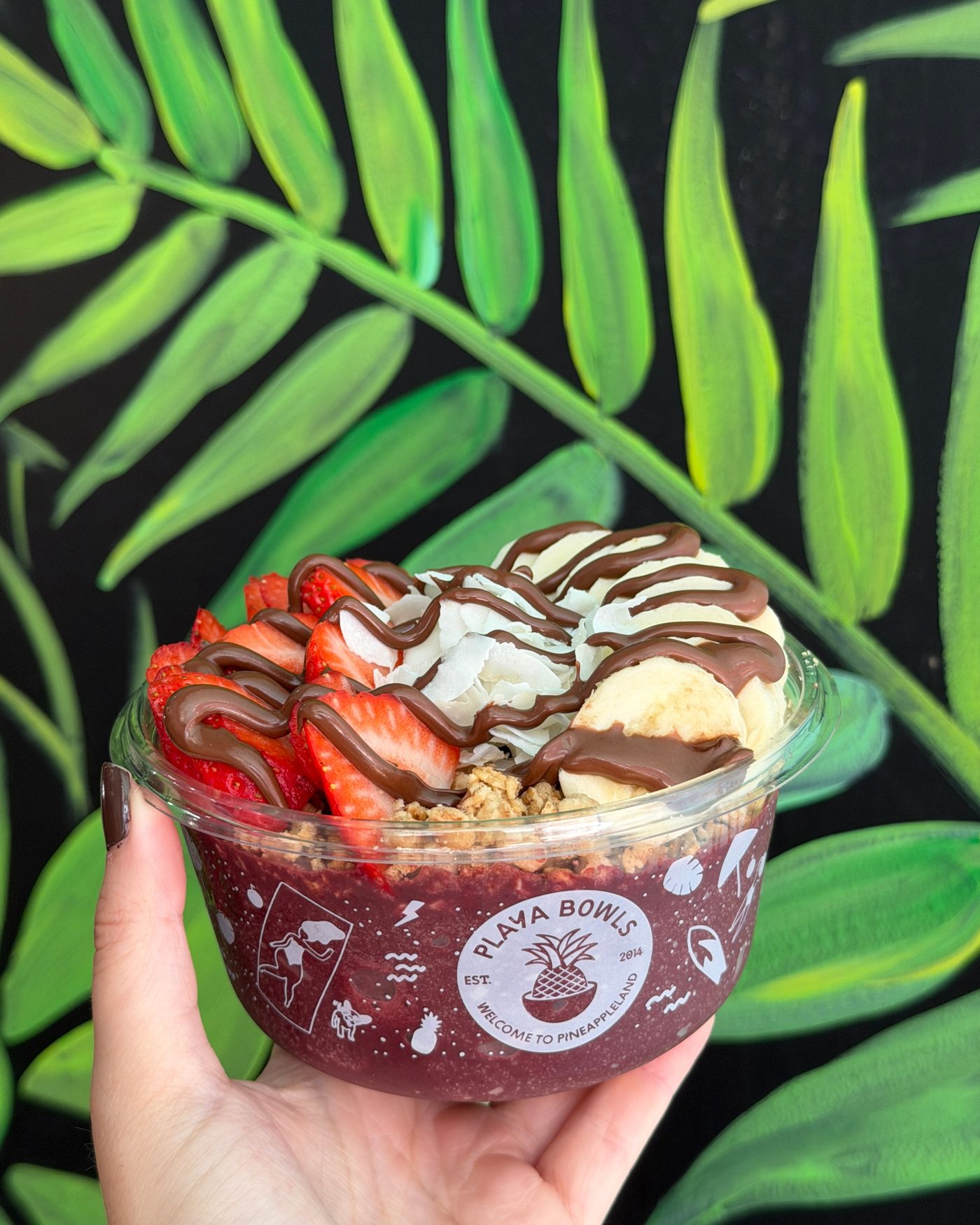 An acai bowl with strawberry, banana and granola on palm leaves