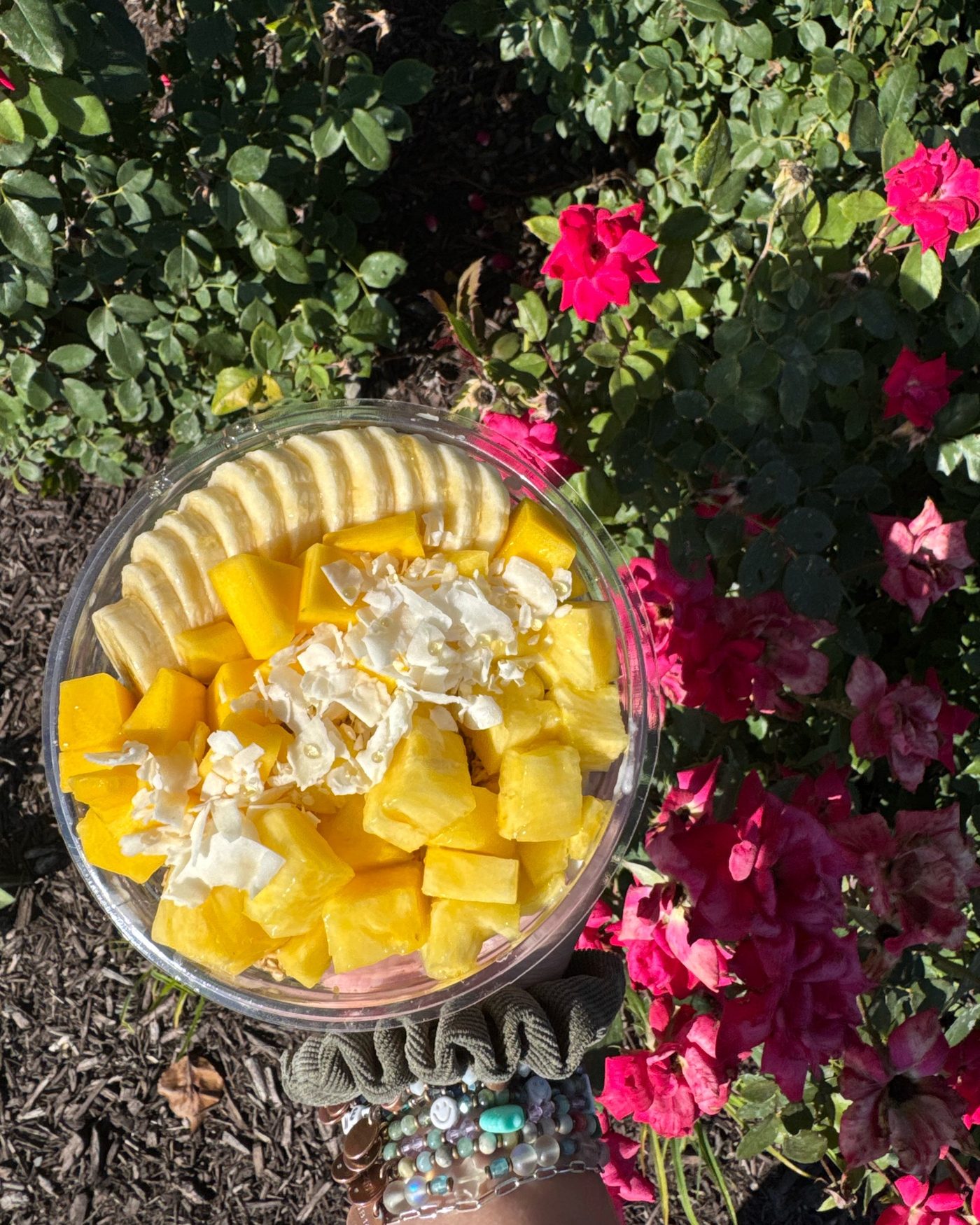 A mango bowl topped with strawberry, banana and granola